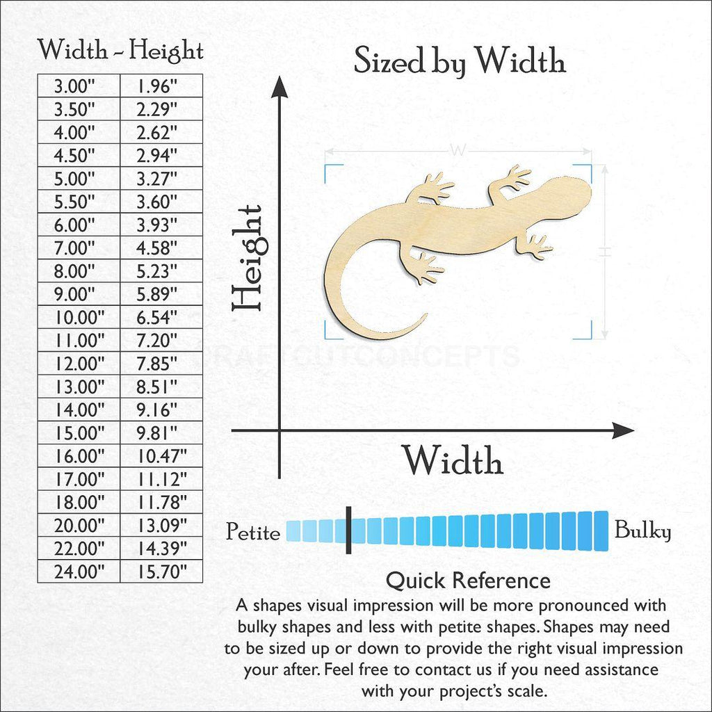 Sizes available for a laser cut Salamander craft blank