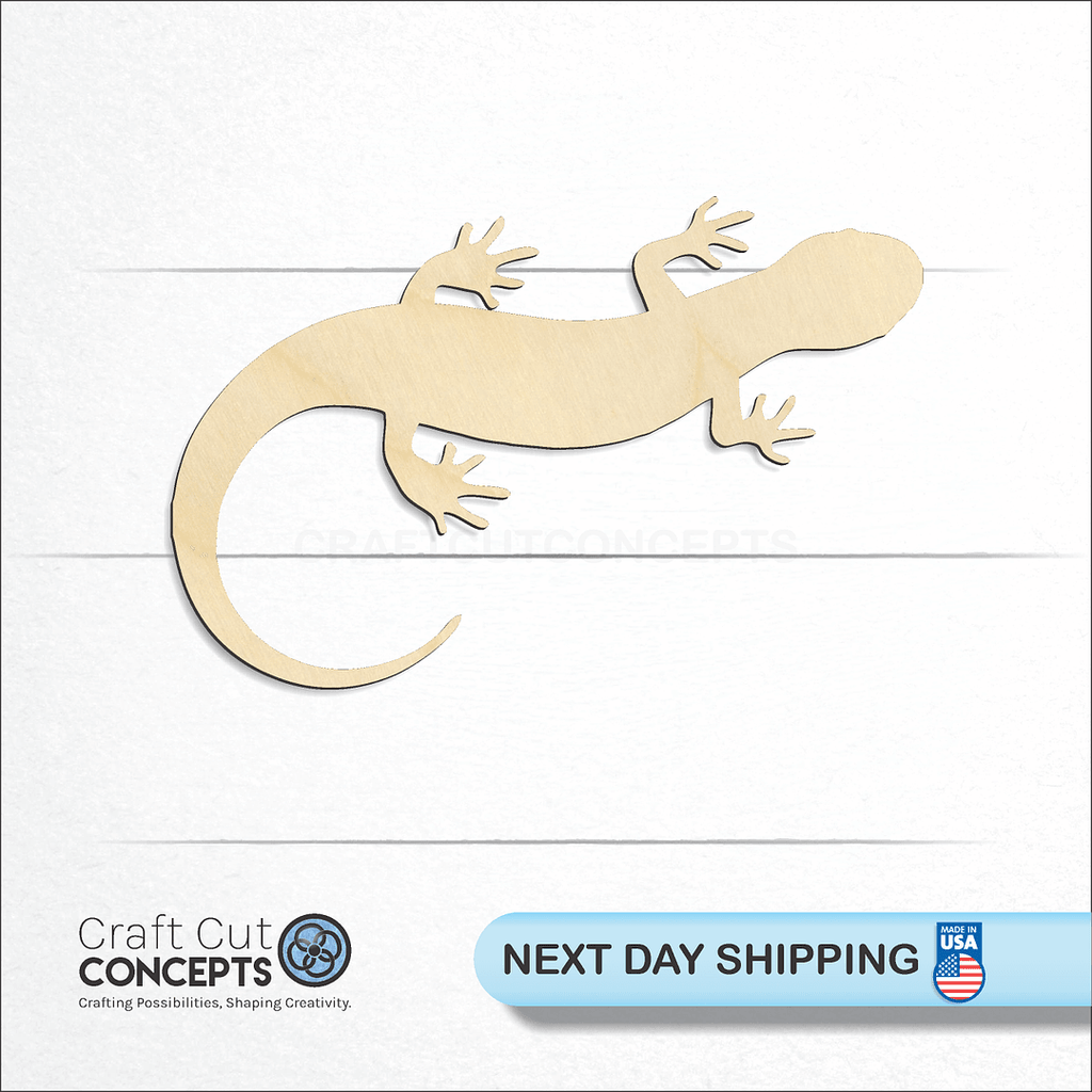 Craft Cut Concepts logo and next day shipping banner with an unfinished wood Salamander craft shape and blank