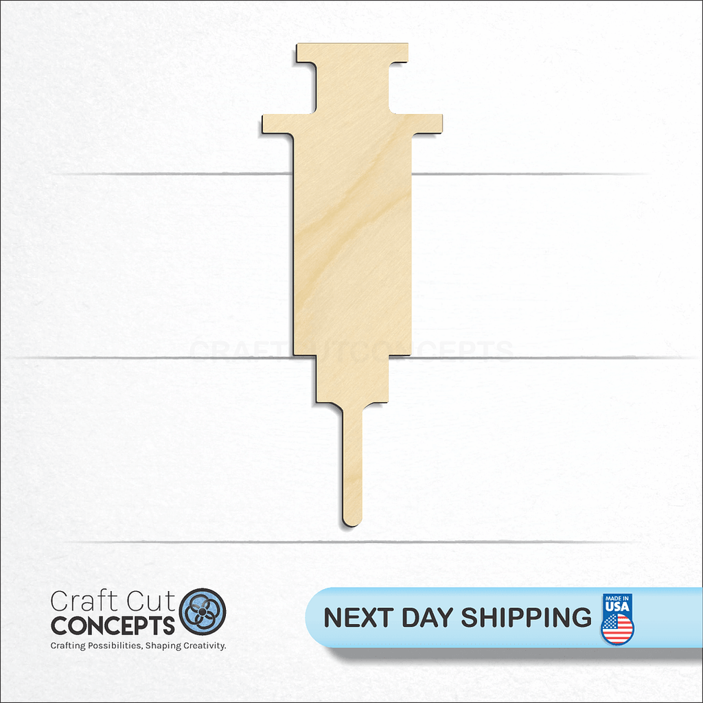 Craft Cut Concepts logo and next day shipping banner with an unfinished wood Syringe craft shape and blank