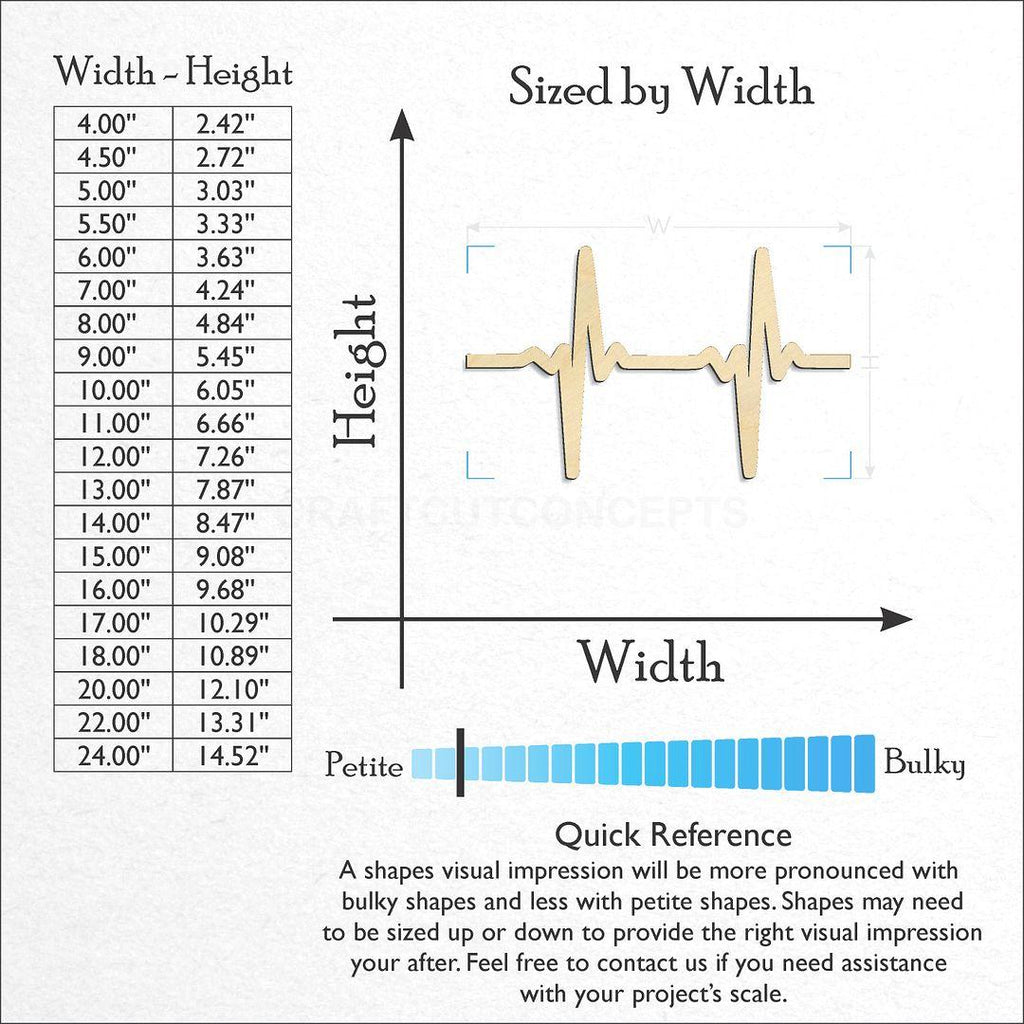 Sizes available for a laser cut EKG Heart Beat craft blank