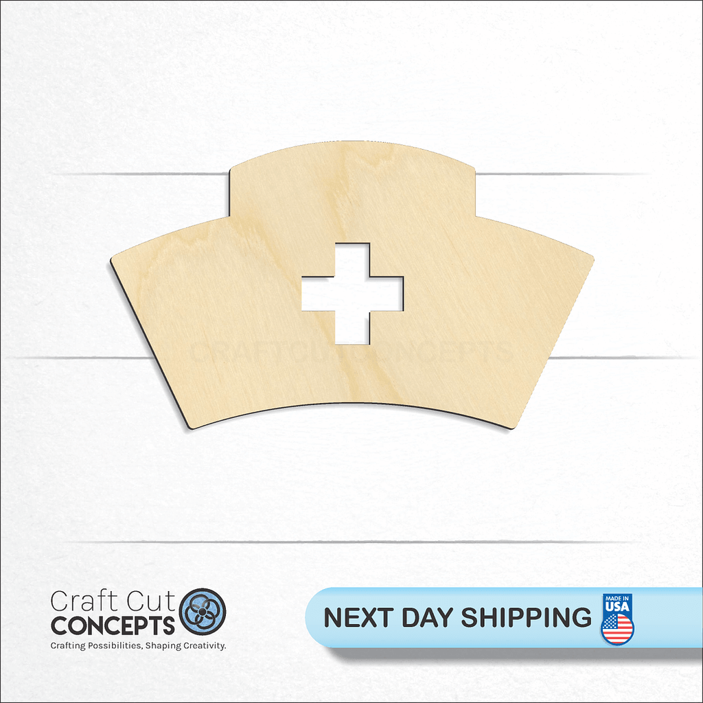 Craft Cut Concepts logo and next day shipping banner with an unfinished wood Nurse Hat craft shape and blank