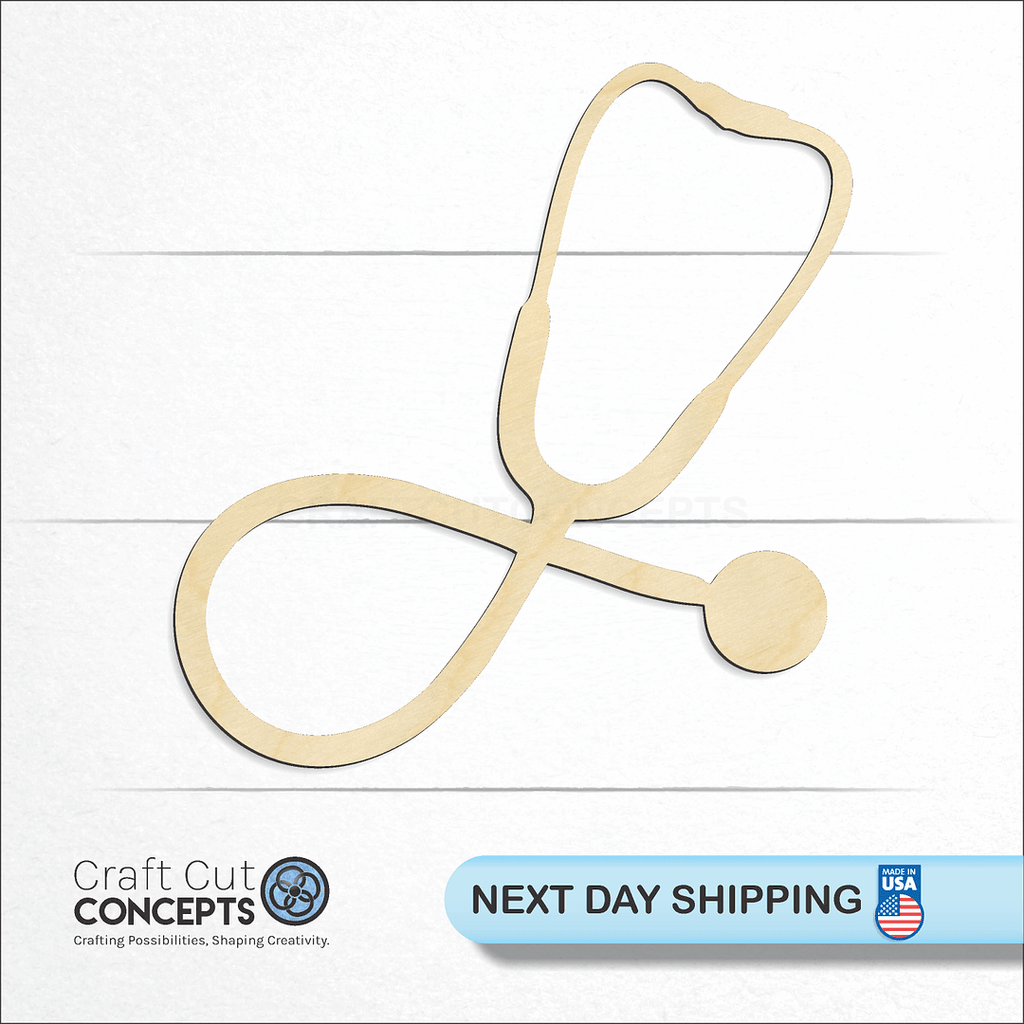 Craft Cut Concepts logo and next day shipping banner with an unfinished wood Stethoscope craft shape and blank