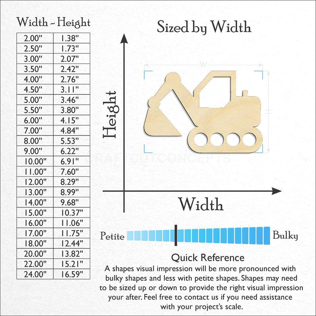 Sizes available for a laser cut Toy Excavator craft blank