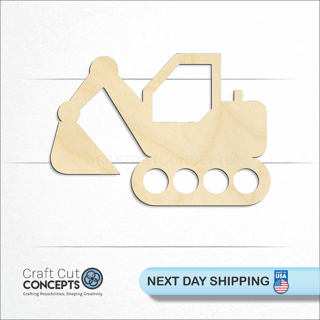 Craft Cut Concepts logo and next day shipping banner with an unfinished wood Toy Excavator craft shape and blank