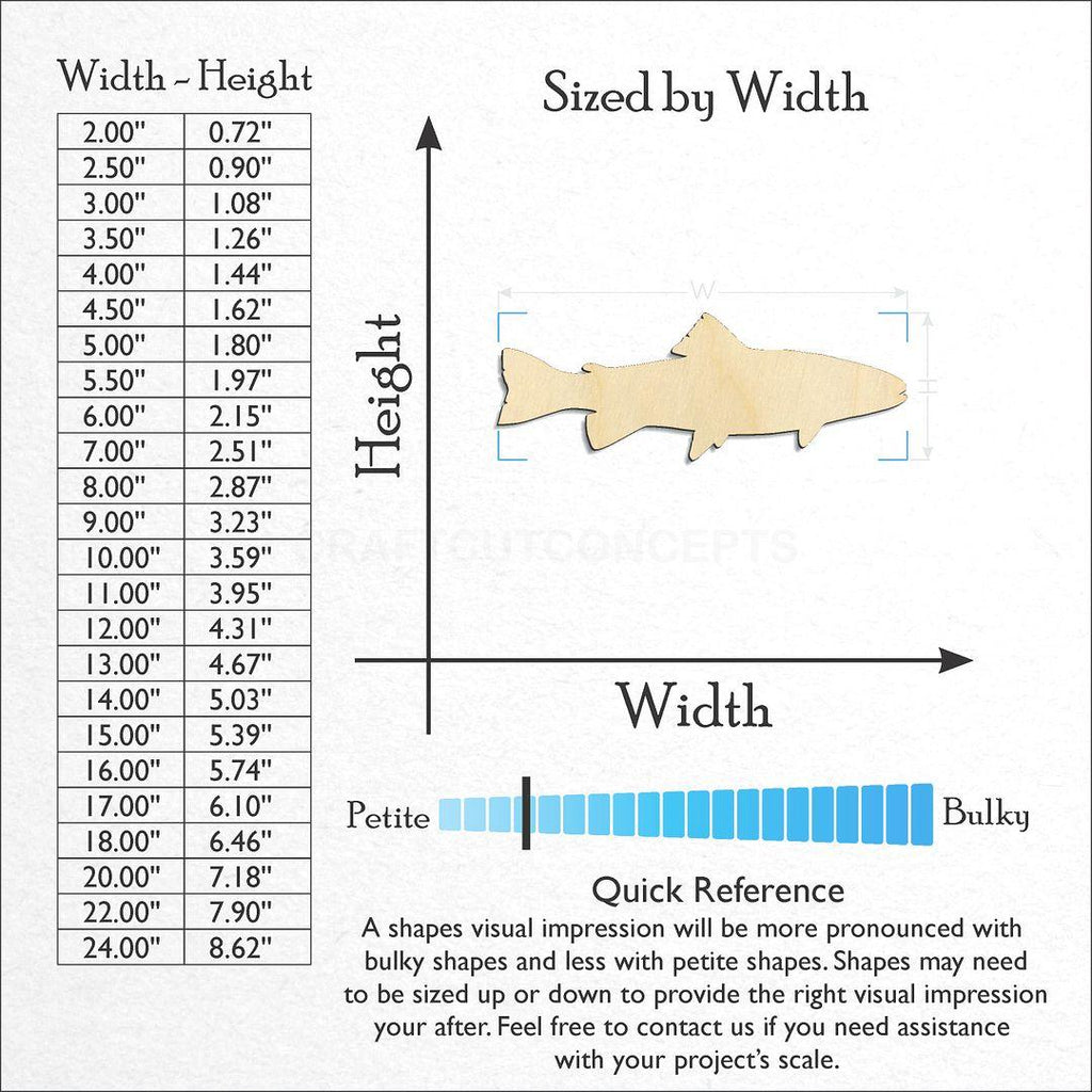 Sizes available for a laser cut Trout craft blank