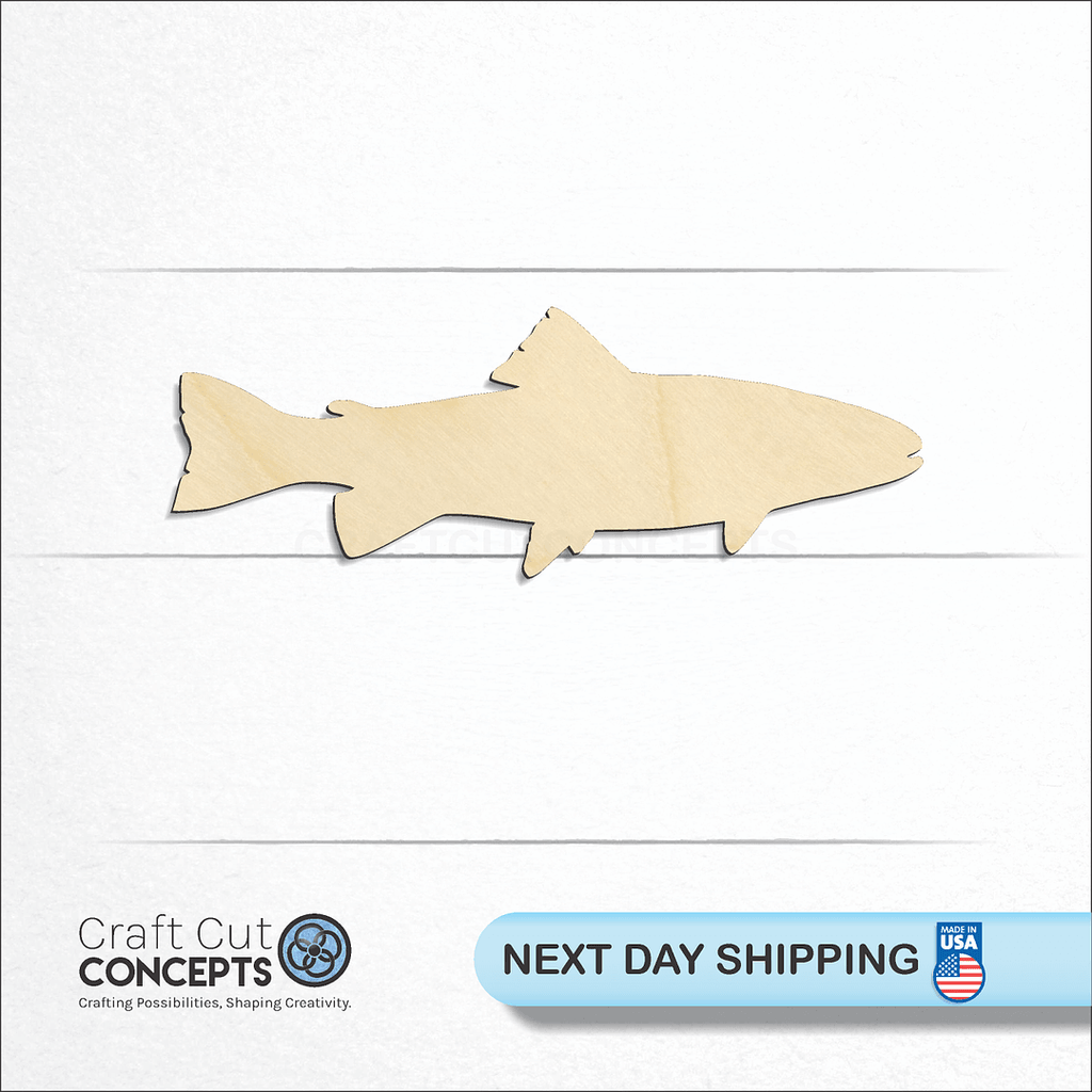 Craft Cut Concepts logo and next day shipping banner with an unfinished wood Trout craft shape and blank