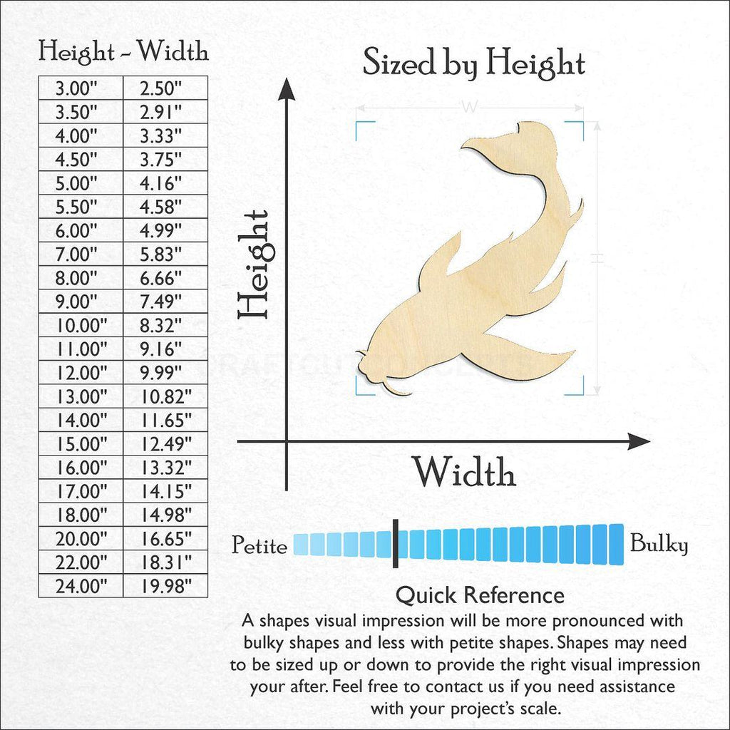 Sizes available for a laser cut Coy Fish craft blank