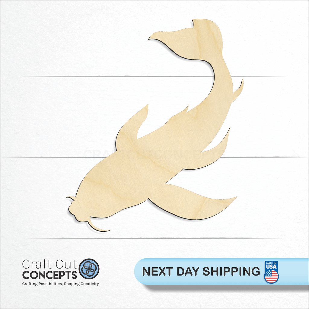 Craft Cut Concepts logo and next day shipping banner with an unfinished wood Coy Fish craft shape and blank