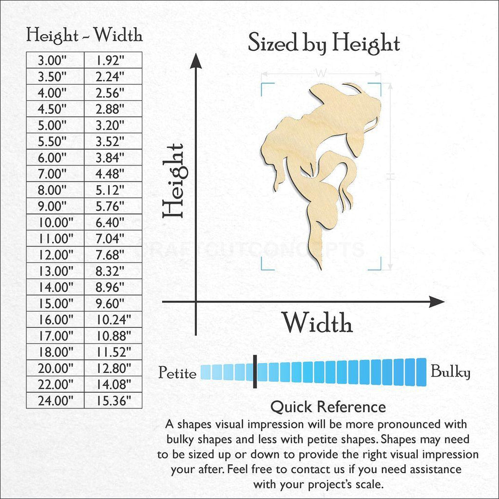 Sizes available for a laser cut Koi Fish craft blank
