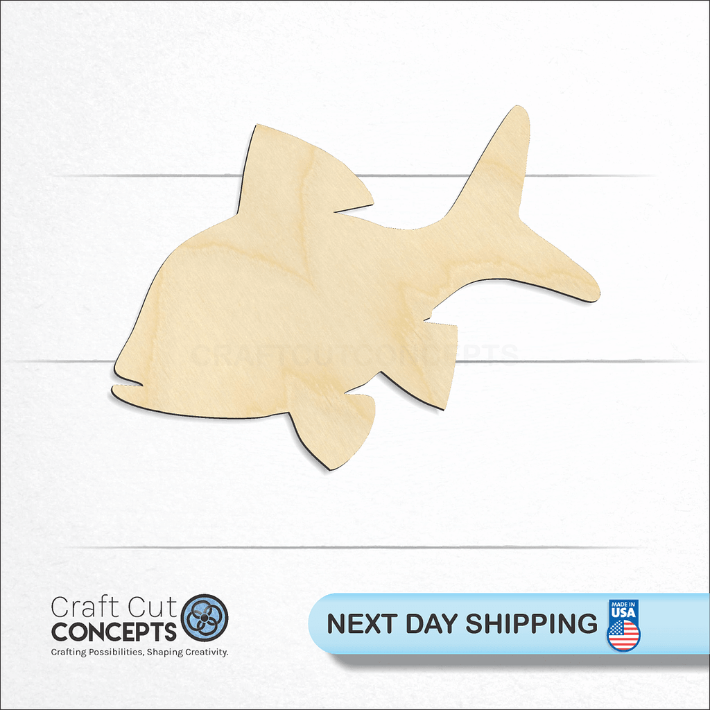 Craft Cut Concepts logo and next day shipping banner with an unfinished wood Generic Fish craft shape and blank