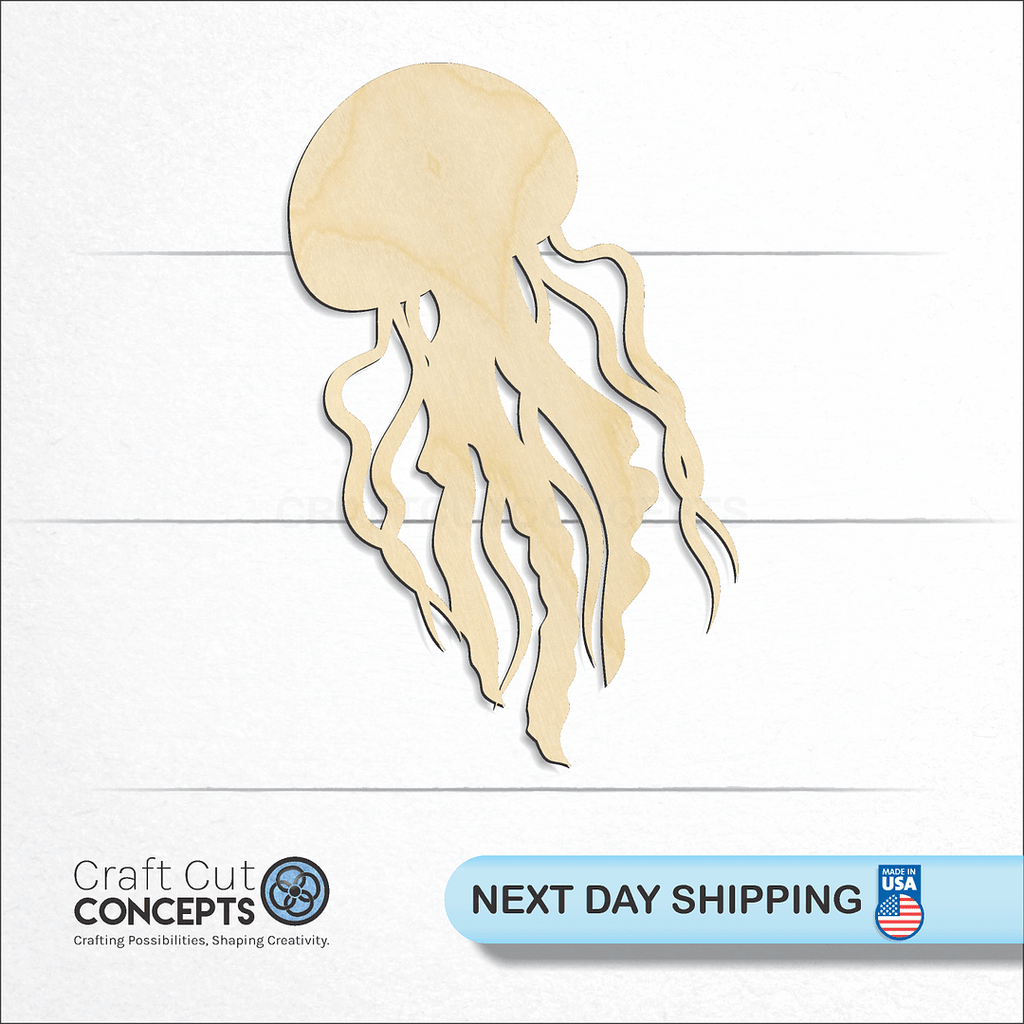 Craft Cut Concepts logo and next day shipping banner with an unfinished wood Jelly Fish craft shape and blank