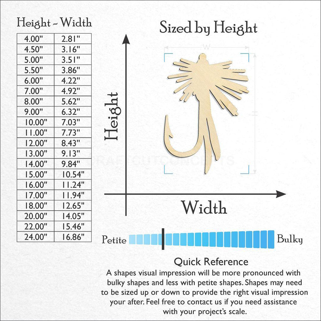 Sizes available for a laser cut Fish Fly craft blank