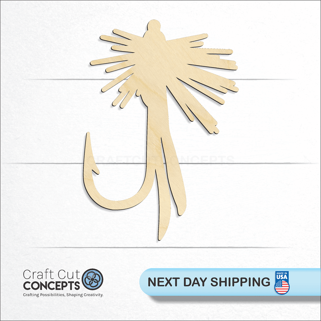 Craft Cut Concepts logo and next day shipping banner with an unfinished wood Fish Fly craft shape and blank