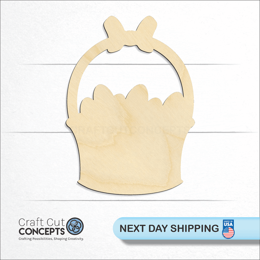 Craft Cut Concepts logo and next day shipping banner with an unfinished wood Easter Basket craft shape and blank