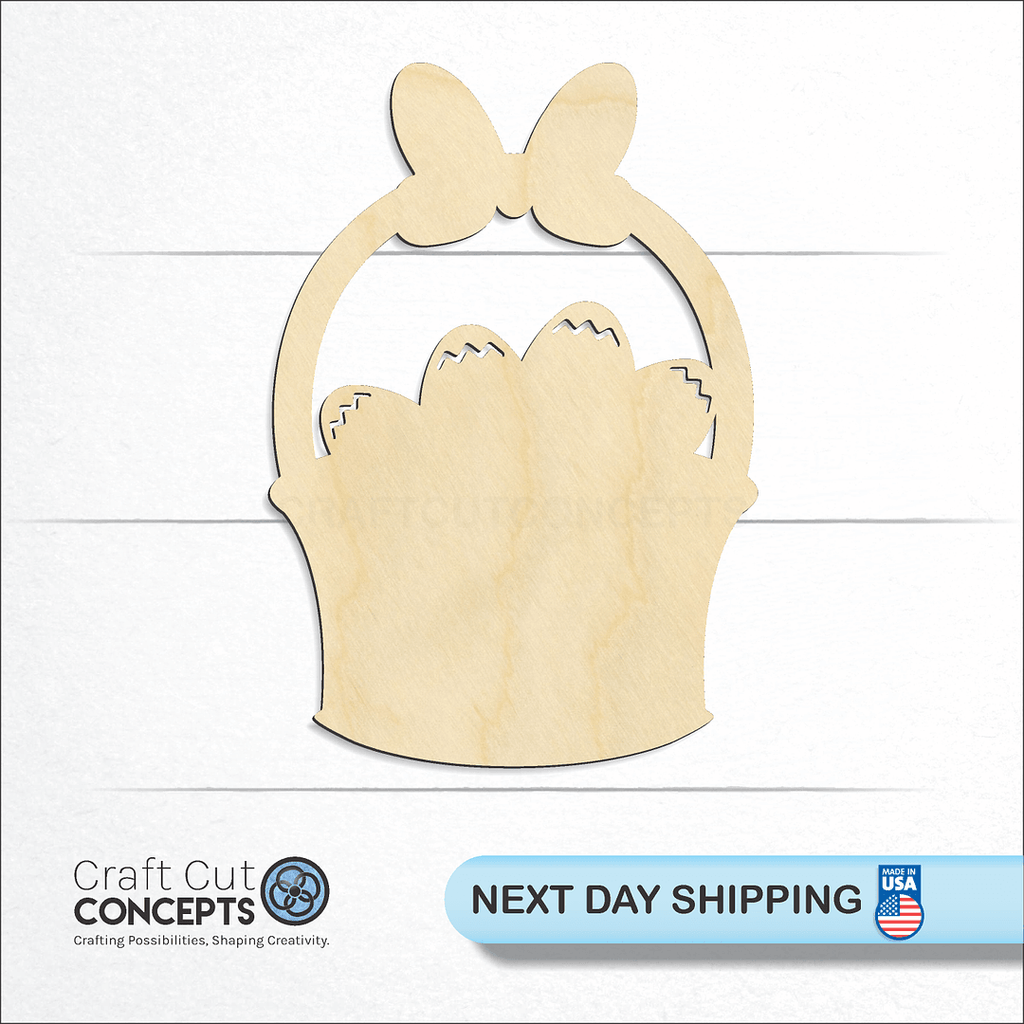 Craft Cut Concepts logo and next day shipping banner with an unfinished wood Easter Basket craft shape and blank