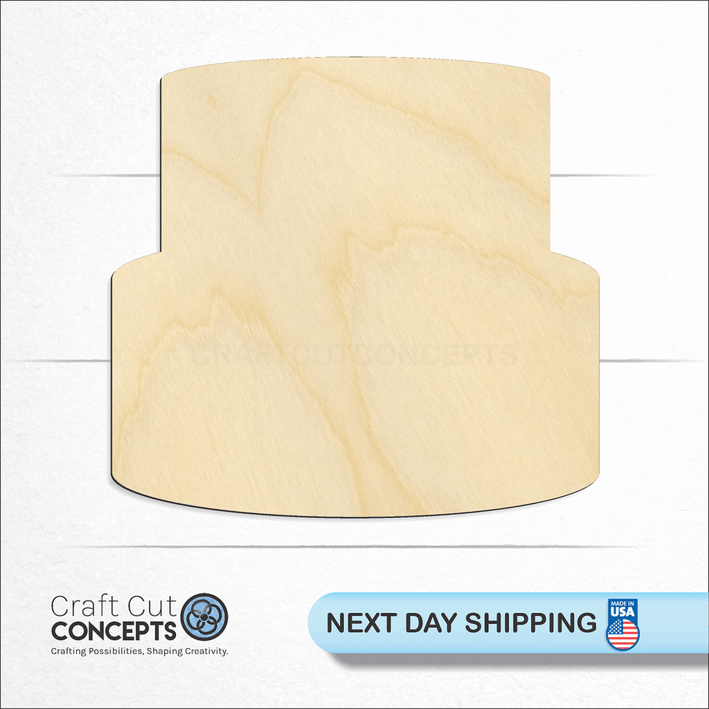 Craft Cut Concepts logo and next day shipping banner with an unfinished wood Tier Cake craft shape and blank