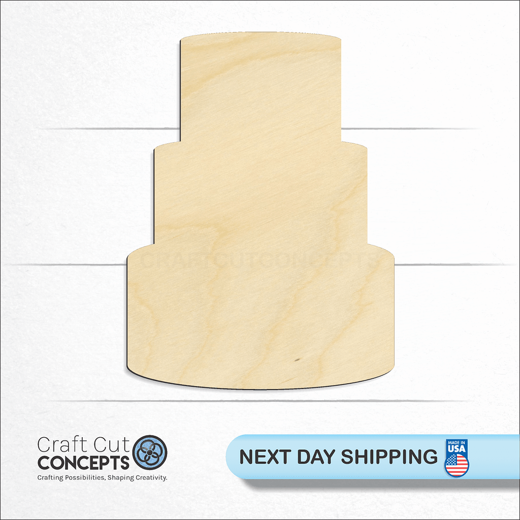 Craft Cut Concepts logo and next day shipping banner with an unfinished wood Tier Cake craft shape and blank