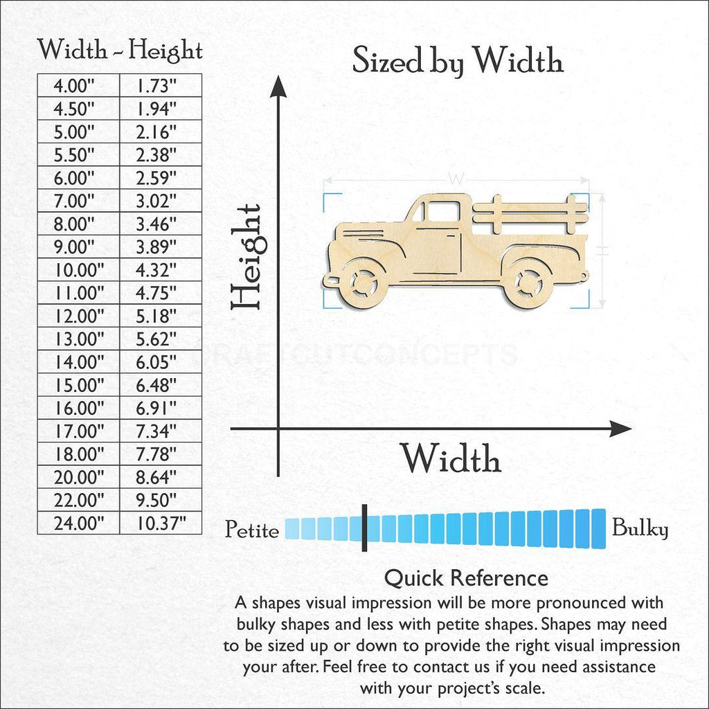 Sizes available for a laser cut Vintage Truck with Rails craft blank