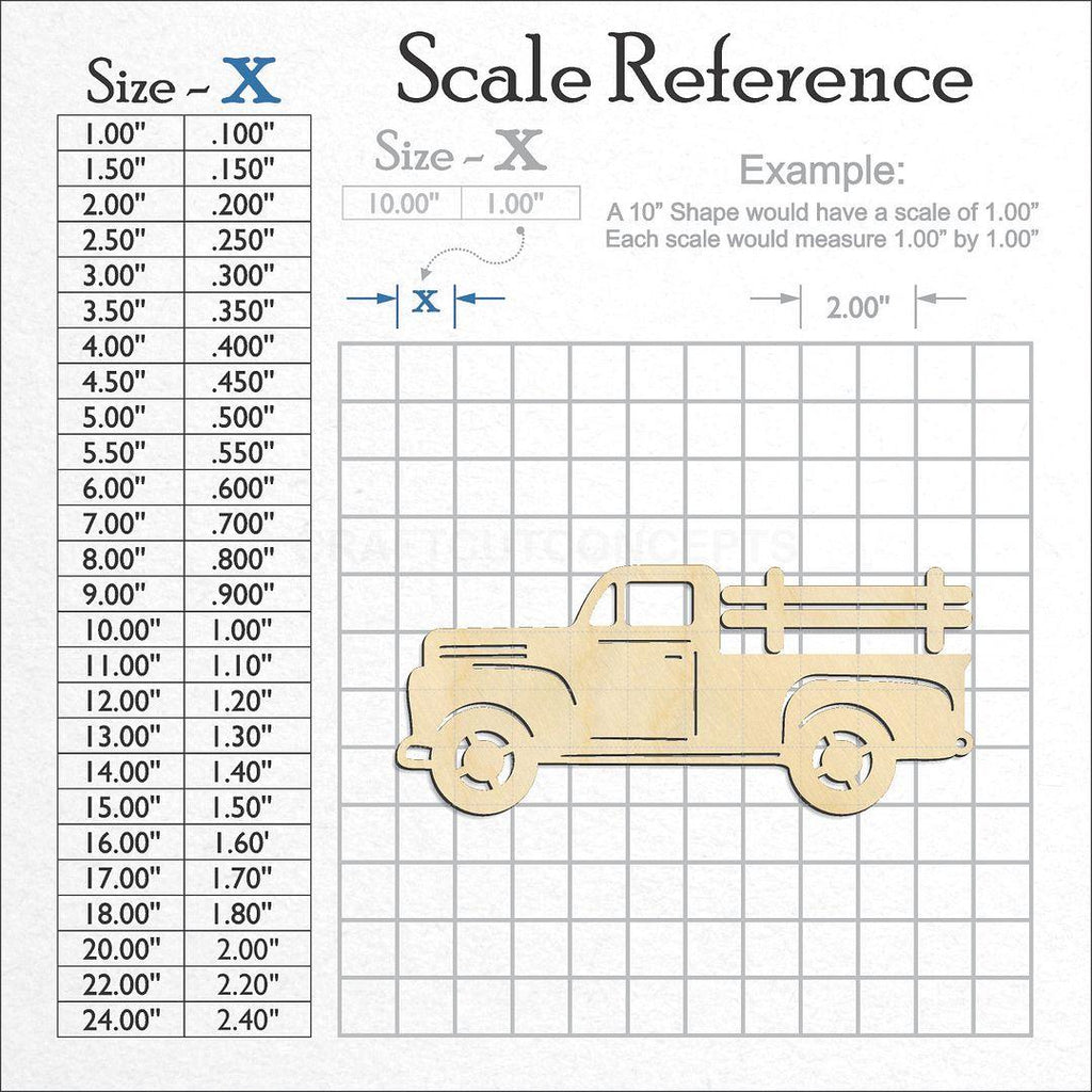 A scale and graph image showing a wood Vintage Truck with Rails craft blank