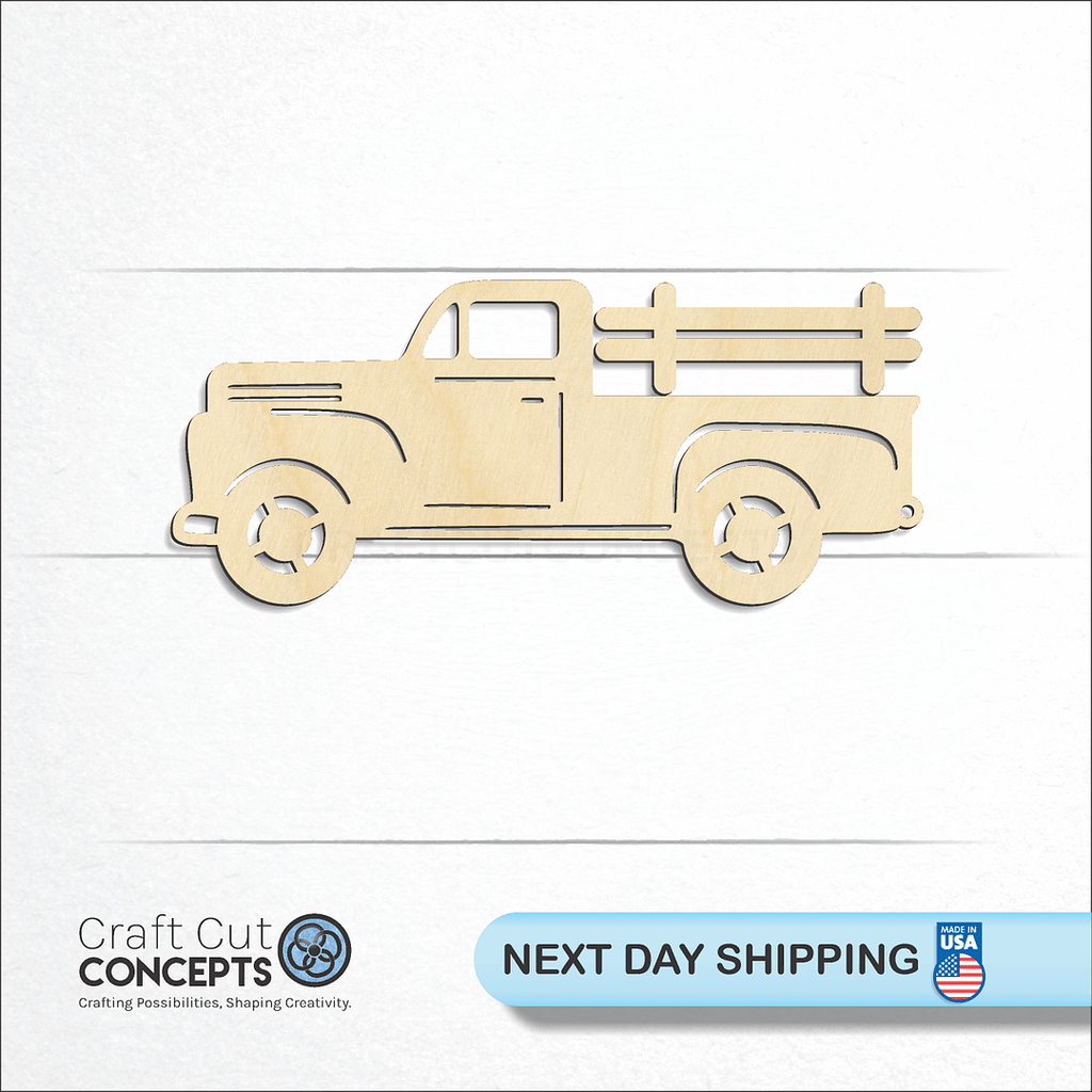 Craft Cut Concepts logo and next day shipping banner with an unfinished wood Vintage Truck with Rails craft shape and blank