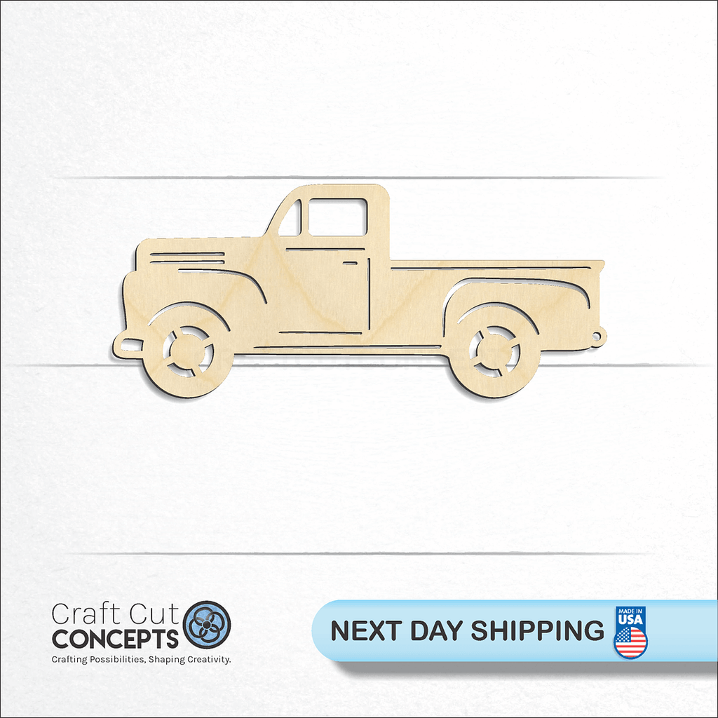 Craft Cut Concepts logo and next day shipping banner with an unfinished wood Vintage Truck craft shape and blank
