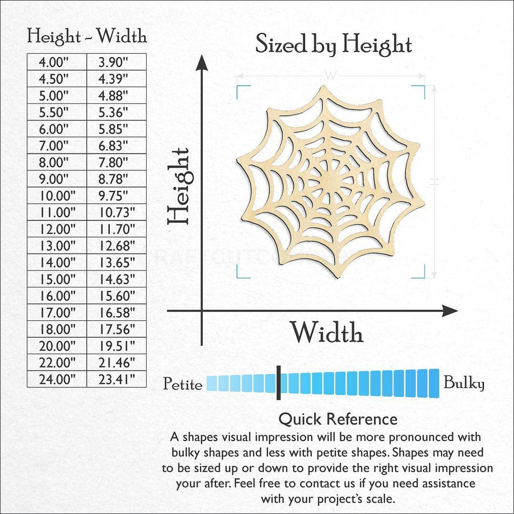 Sizes available for a laser cut Spider web craft blank