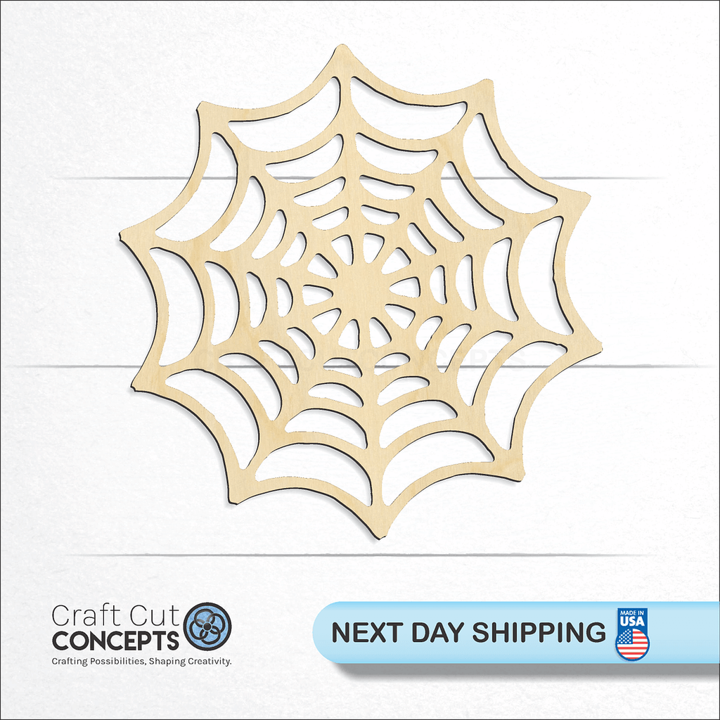 Craft Cut Concepts logo and next day shipping banner with an unfinished wood Spider web craft shape and blank