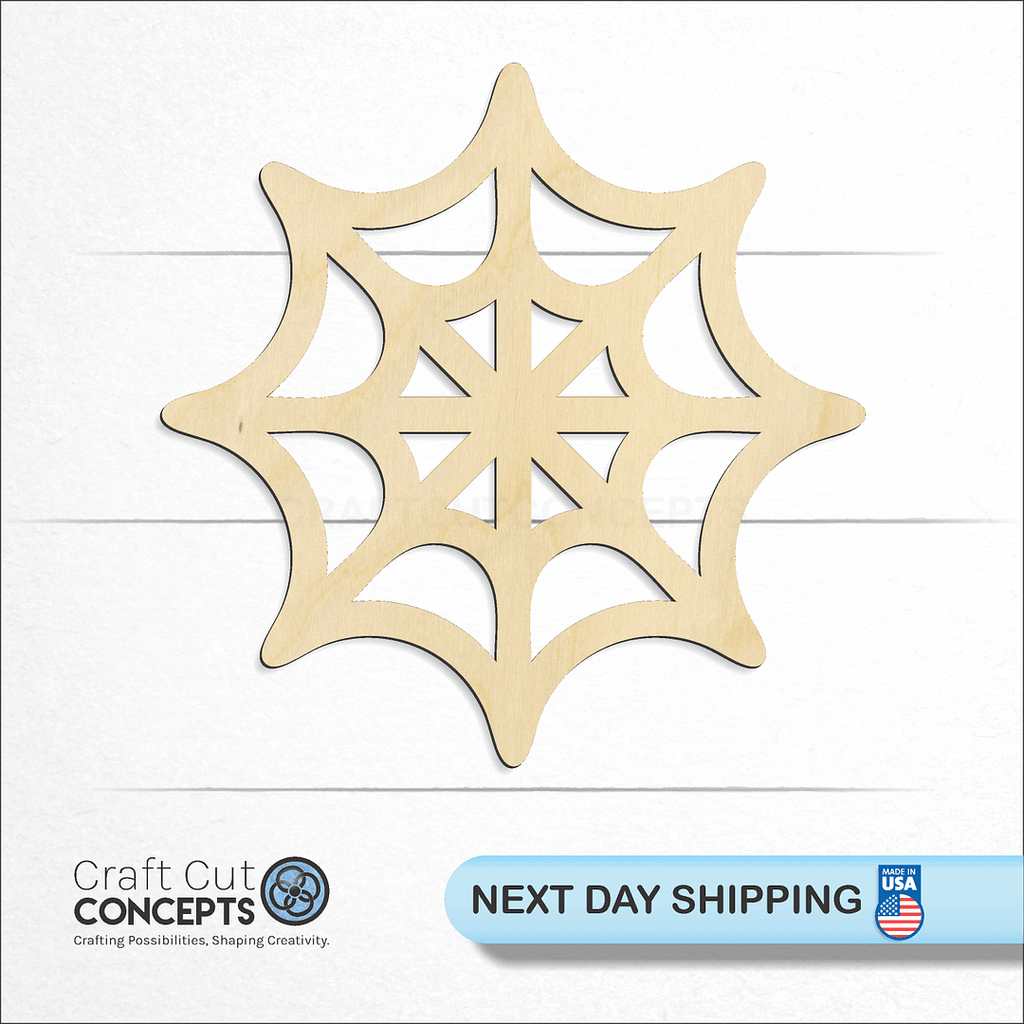 Craft Cut Concepts logo and next day shipping banner with an unfinished wood Spider web craft shape and blank