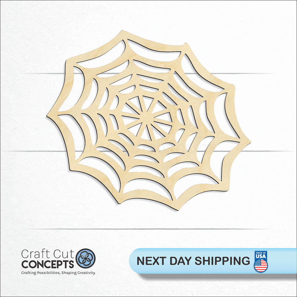 Craft Cut Concepts logo and next day shipping banner with an unfinished wood Spider web craft shape and blank