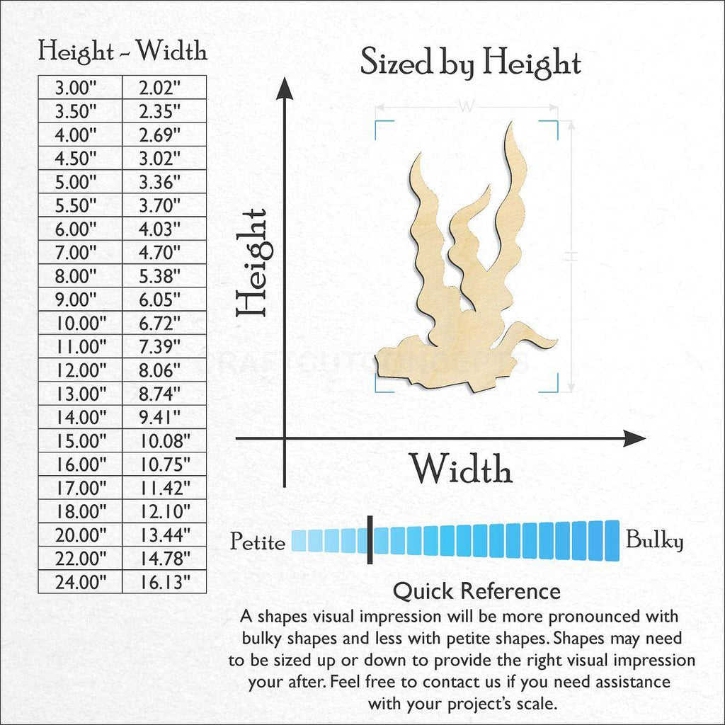 Sizes available for a laser cut Seaweed craft blank