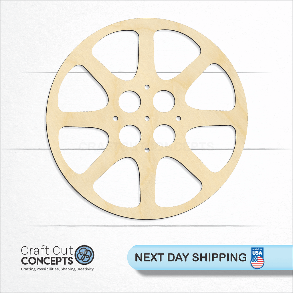 Craft Cut Concepts logo and next day shipping banner with an unfinished wood Film Reel craft shape and blank