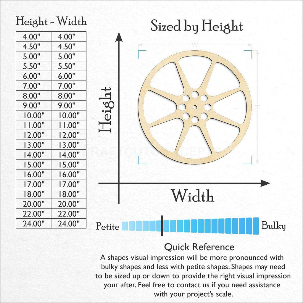 Sizes available for a laser cut Film Reel craft blank