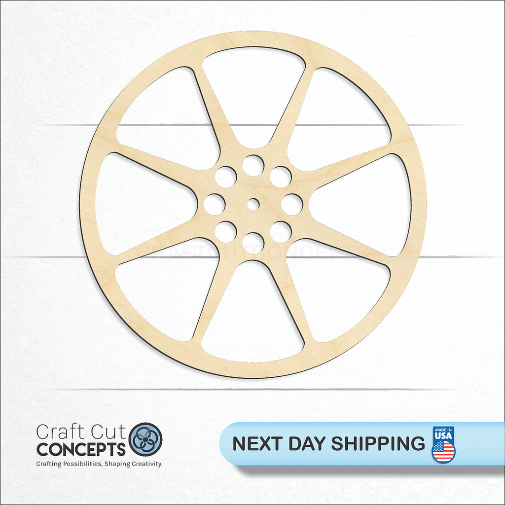 Craft Cut Concepts logo and next day shipping banner with an unfinished wood Film Reel craft shape and blank