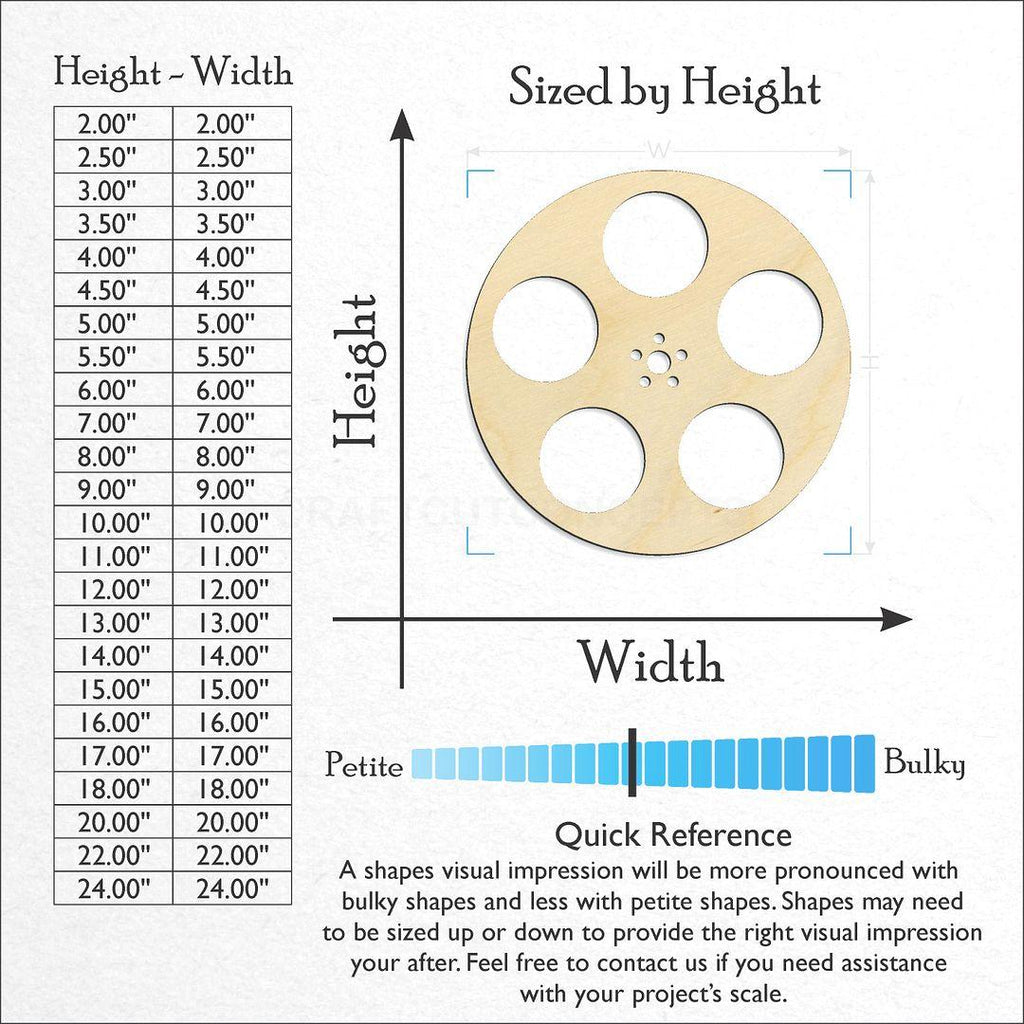 Sizes available for a laser cut Film Reel craft blank