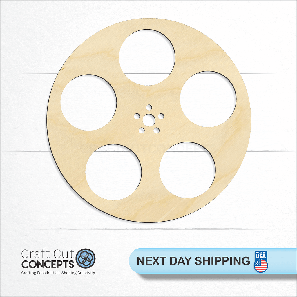 Craft Cut Concepts logo and next day shipping banner with an unfinished wood Film Reel craft shape and blank