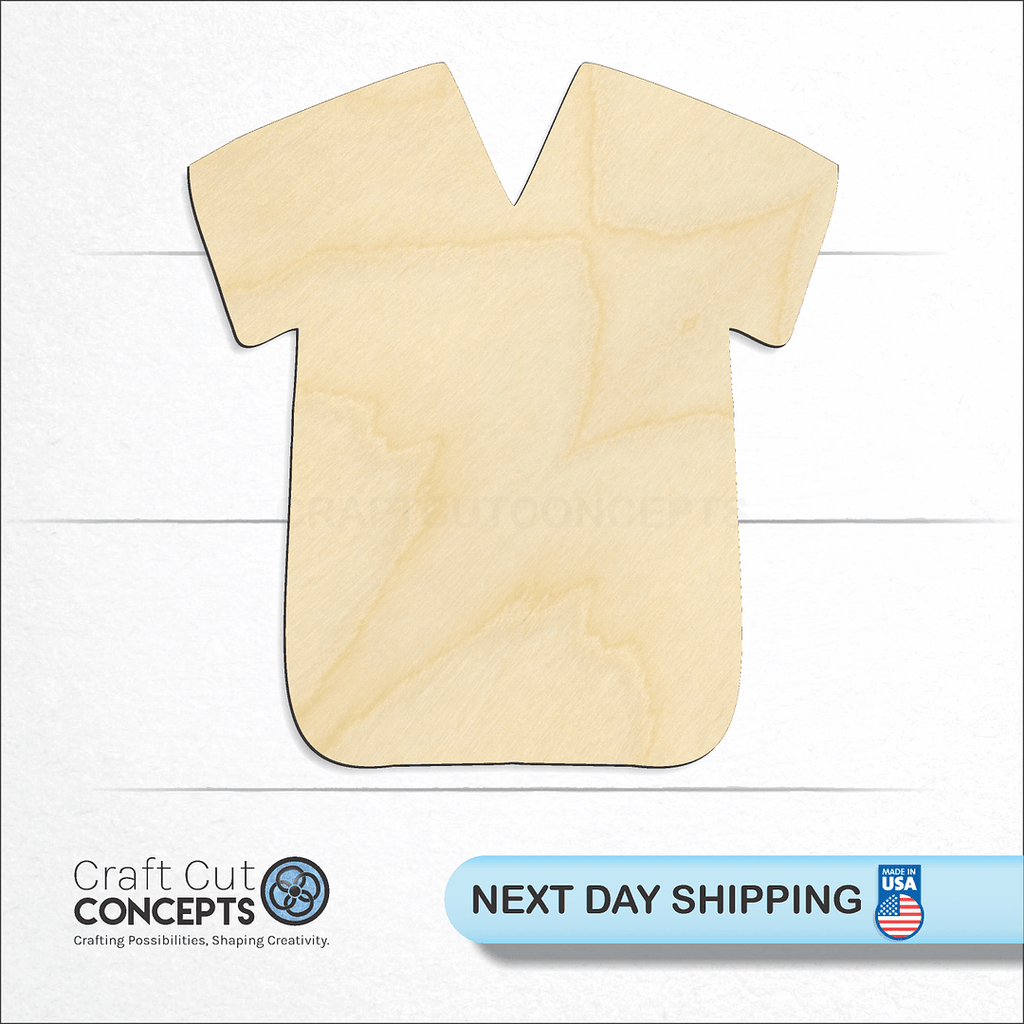 Craft Cut Concepts logo and next day shipping banner with an unfinished wood Srub Shirt craft shape and blank