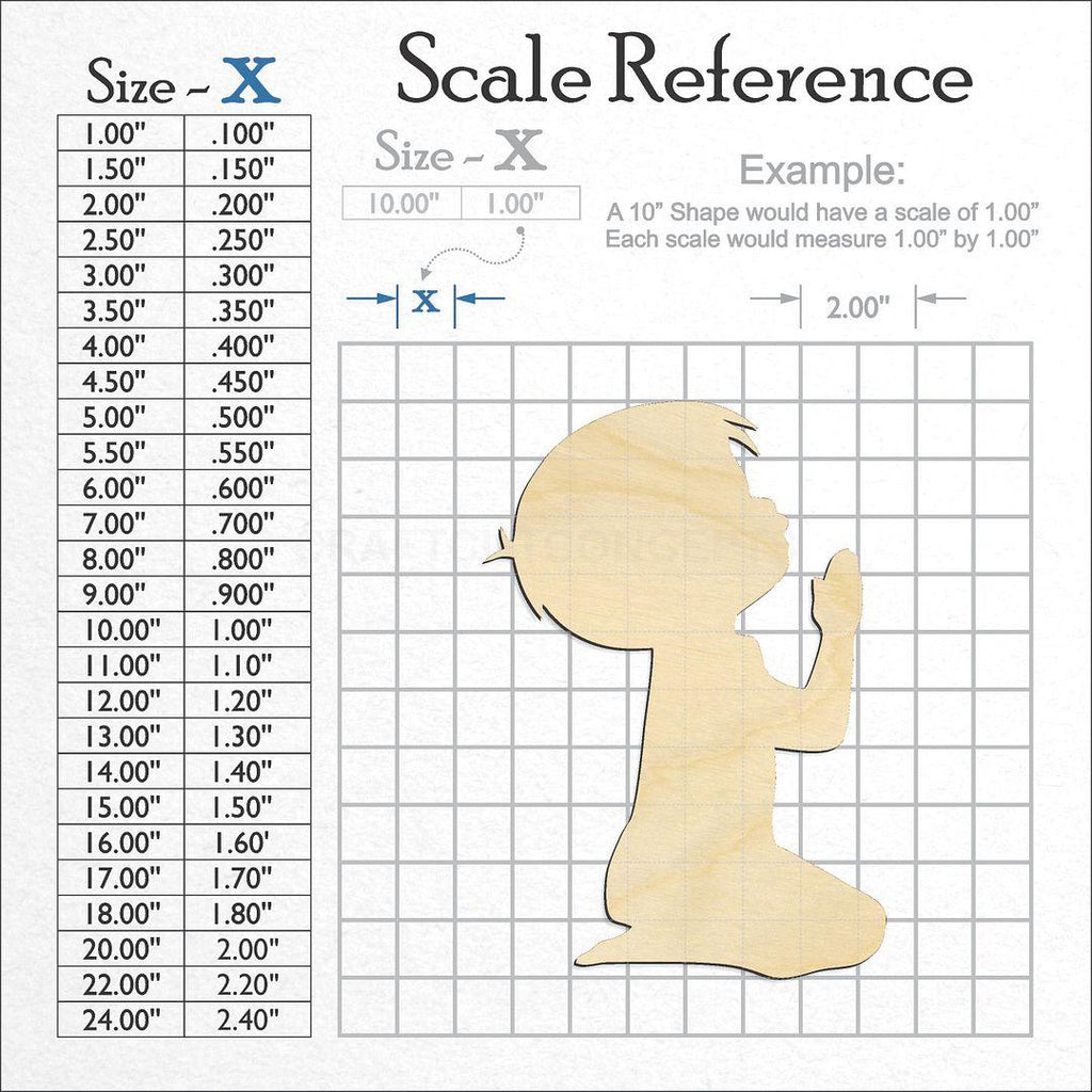 A scale and graph image showing a wood Child Praying craft blank