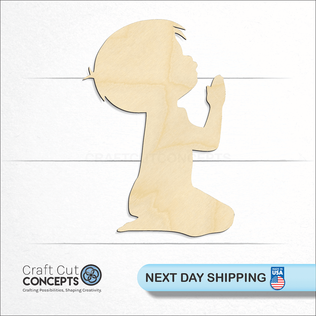 Craft Cut Concepts logo and next day shipping banner with an unfinished wood Child Praying craft shape and blank