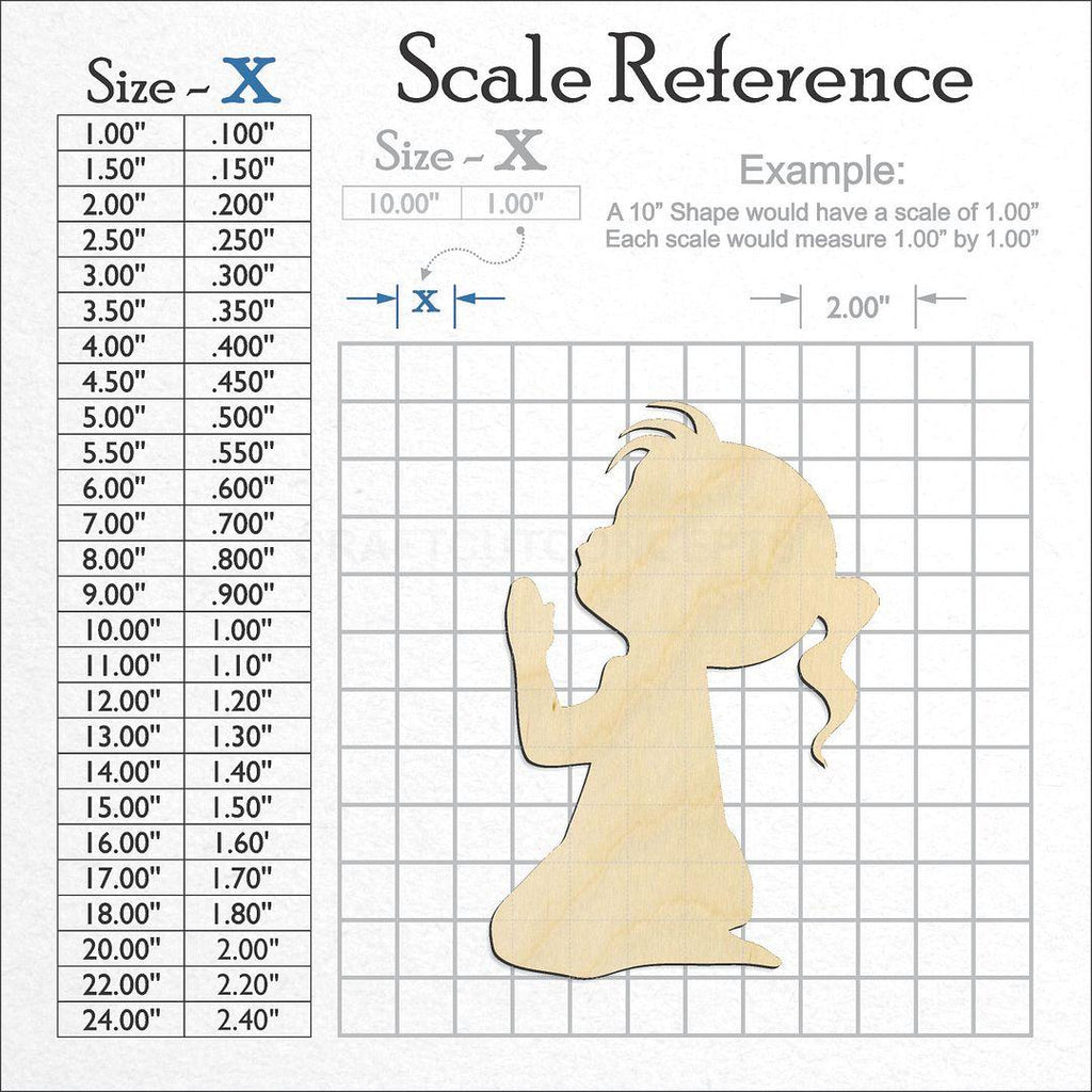 A scale and graph image showing a wood Child Praying craft blank