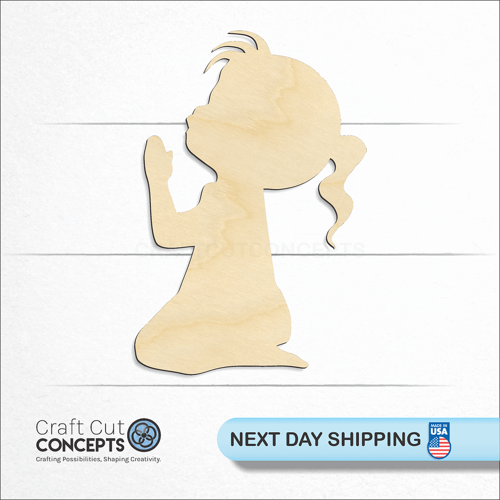 Craft Cut Concepts logo and next day shipping banner with an unfinished wood Child Praying craft shape and blank