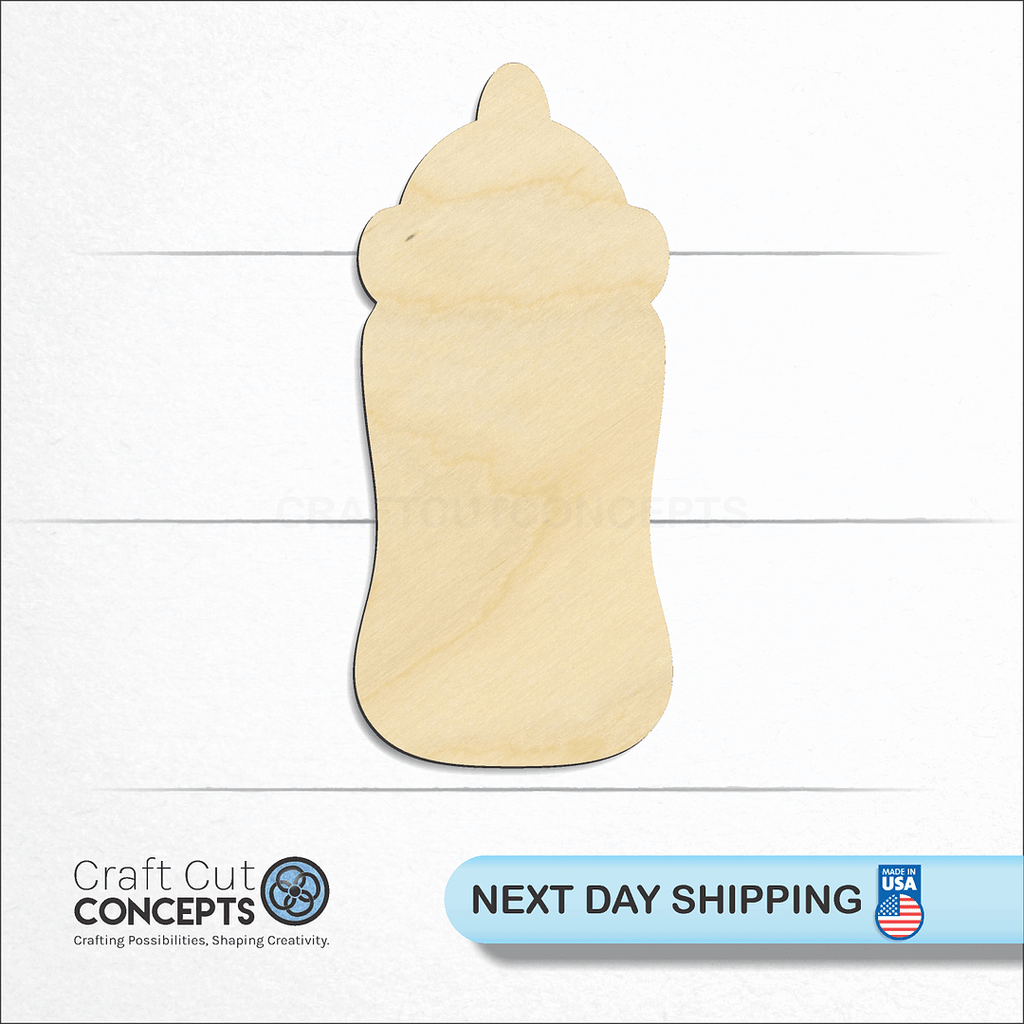 Craft Cut Concepts logo and next day shipping banner with an unfinished wood Baby Bottle craft shape and blank