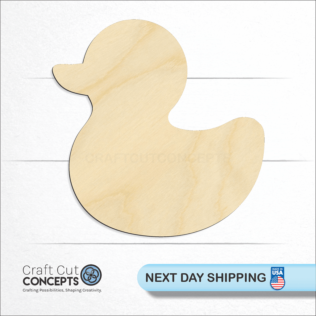 Craft Cut Concepts logo and next day shipping banner with an unfinished wood Rubber Duck craft shape and blank