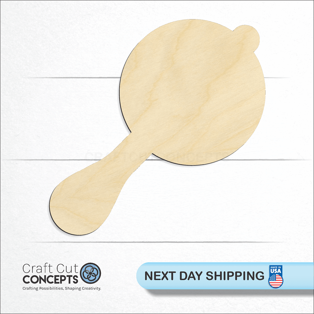 Craft Cut Concepts logo and next day shipping banner with an unfinished wood Baby Rattle craft shape and blank