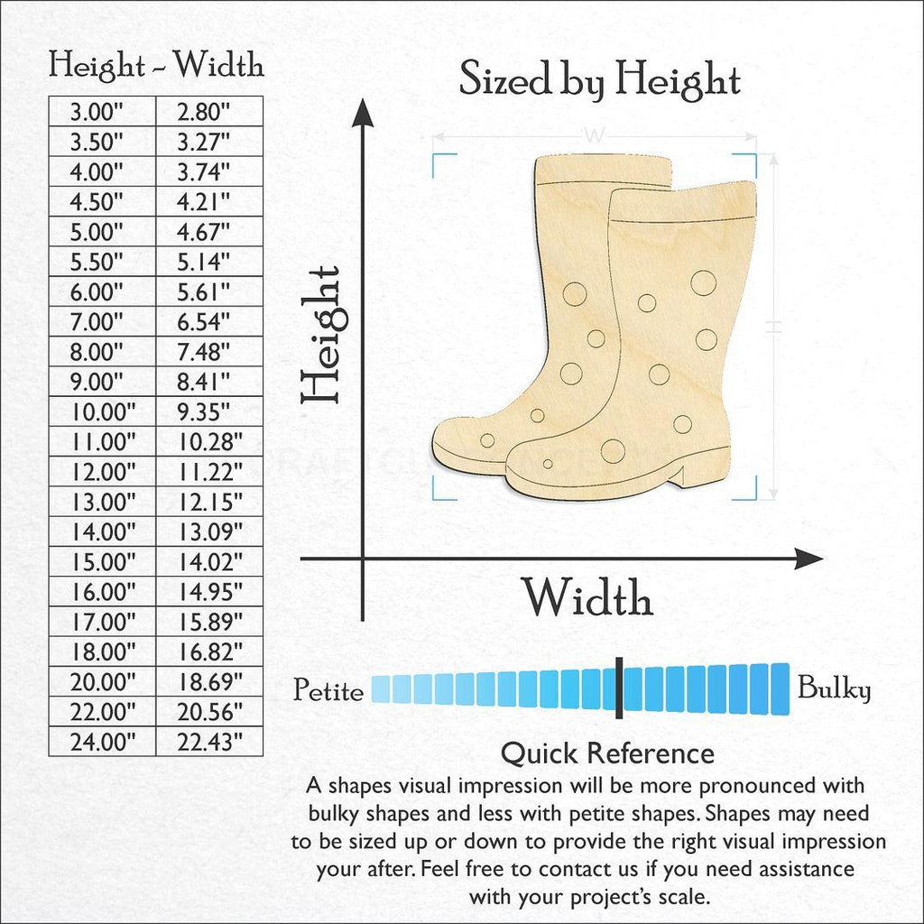 Sizes available for a laser cut Rain Boots craft blank