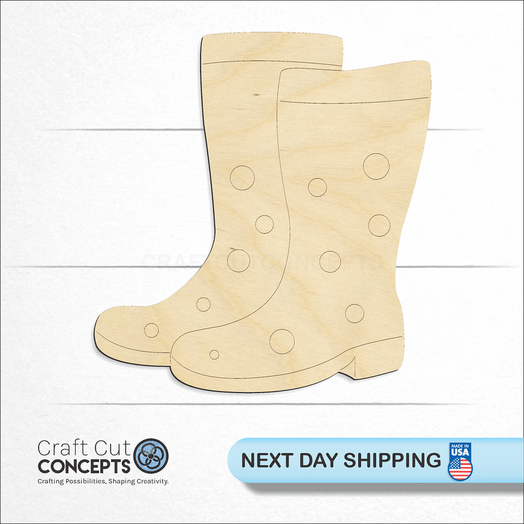 Craft Cut Concepts logo and next day shipping banner with an unfinished wood Rain Boots craft shape and blank