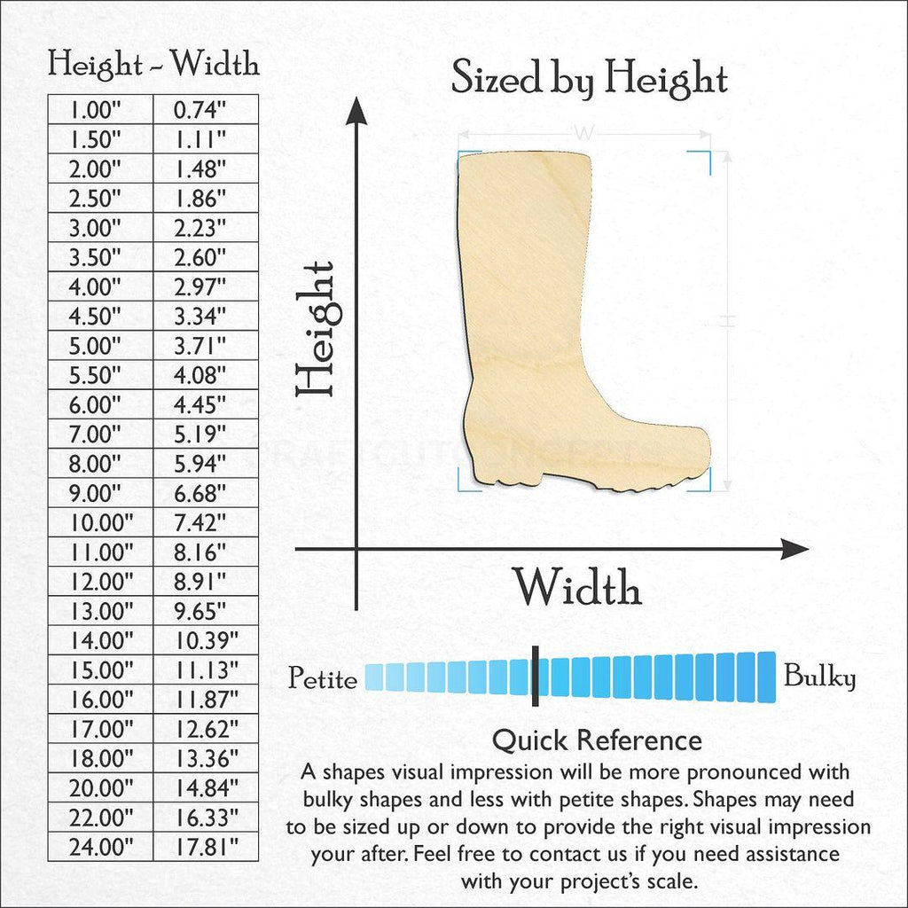 Sizes available for a laser cut Rain Boot craft blank