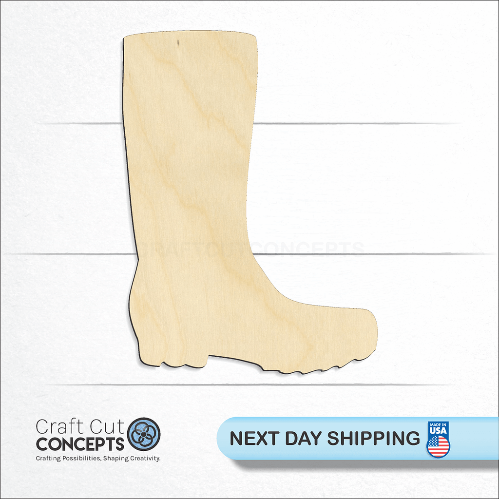 Craft Cut Concepts logo and next day shipping banner with an unfinished wood Rain Boot craft shape and blank