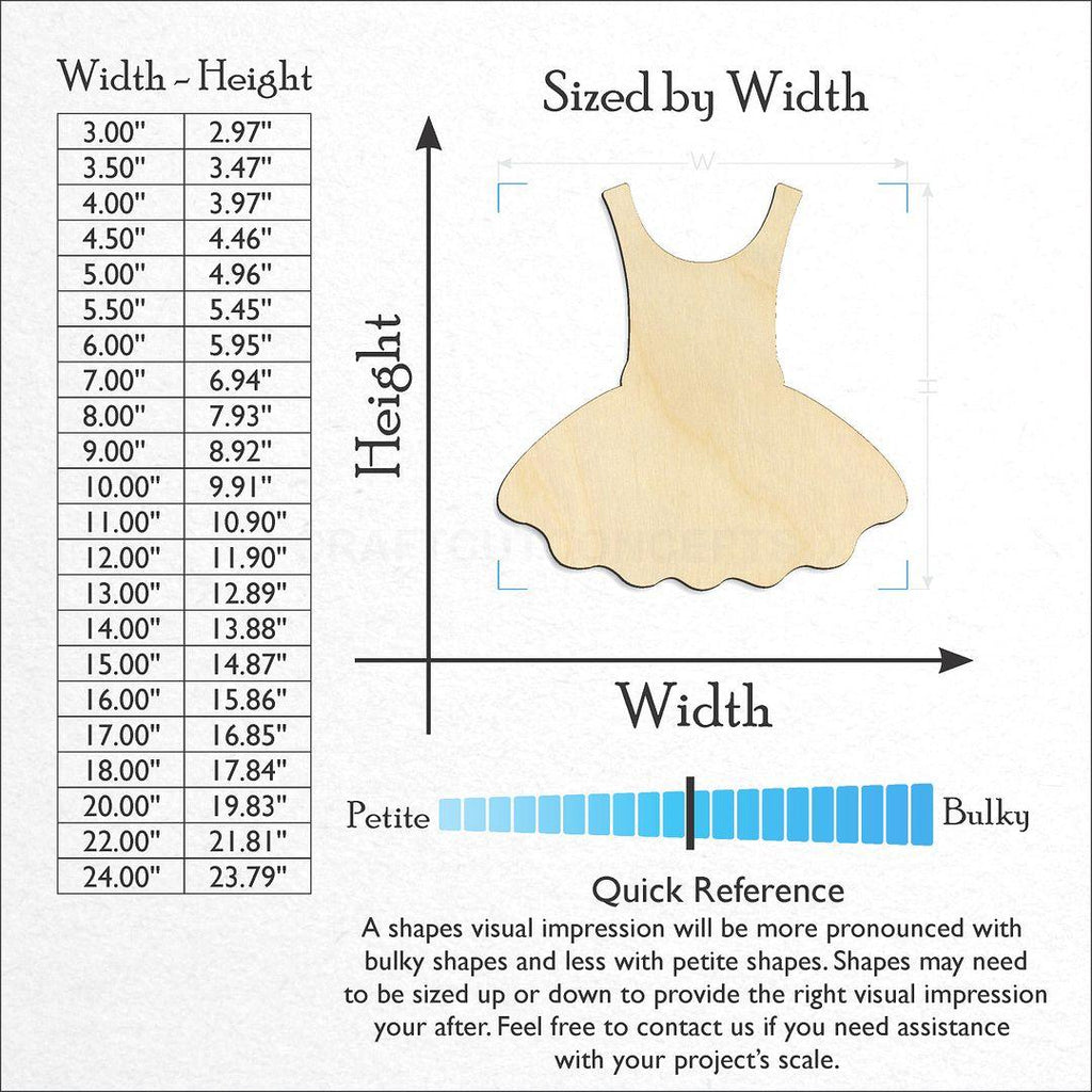 Sizes available for a laser cut Dress craft blank