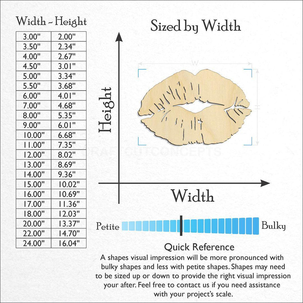 Sizes available for a laser cut Lips craft blank