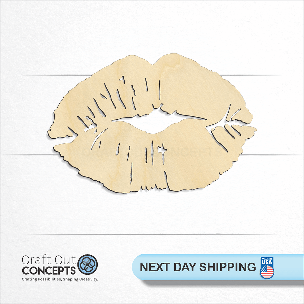 Craft Cut Concepts logo and next day shipping banner with an unfinished wood Lips craft shape and blank